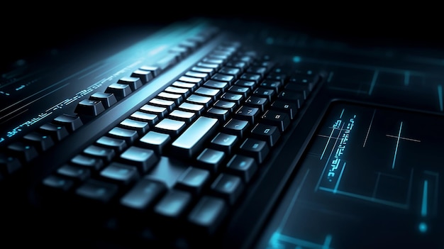 Un clavier d'ordinateur noir avec des lumières bleues en vue rapprochée ou macro