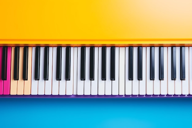 un clavier de piano coloré sur une surface bleue et jaune