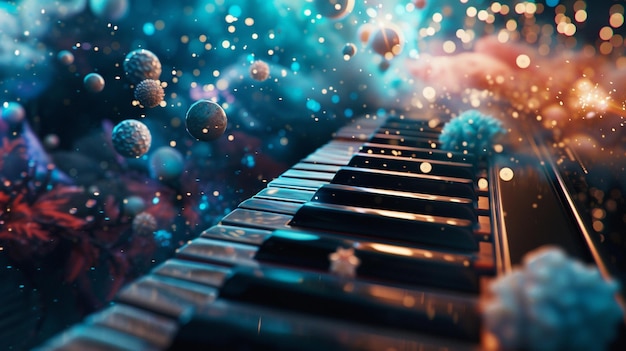 Un clavier de piano entouré de balles et d'étoiles Des mélodies éclectiques