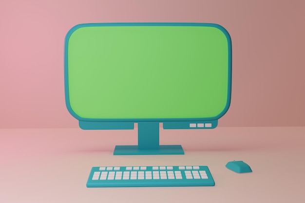Clavier et souris de moniteur d'ordinateur de bureau dans l'espace 3D Écran vert de bureau pour l'insertion