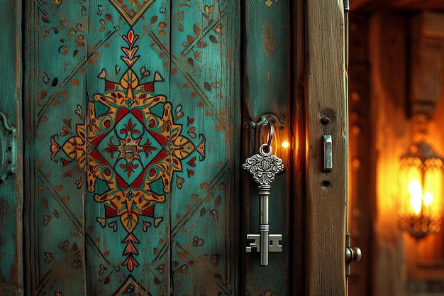 Une clé accrochée à une porte en bois avec un motif coloré