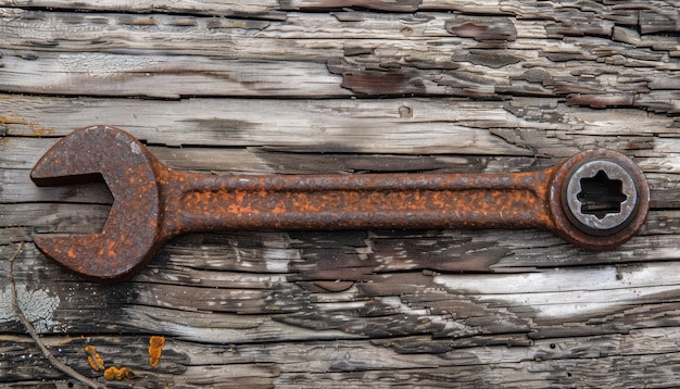 Une clé anglaise rouillée sur du bois usé.