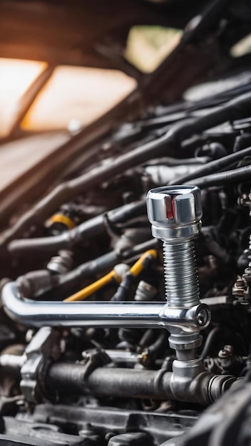 Une clé à douille en chrome brillante devant un moteur de voiture avant l'entretien et la réparation