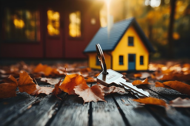 Photo la clé du propriétaire pour déverrouiller la maison est branchée dans la porte de la maison d'occasion à louer et à vendre