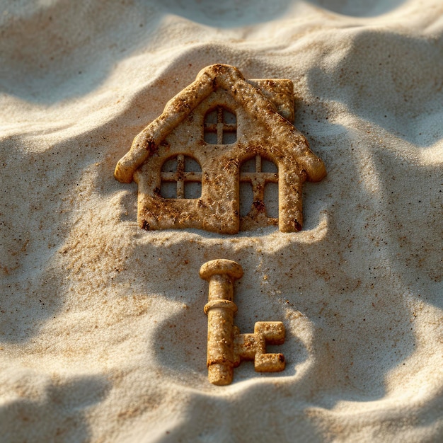La clé de la maison est sur le sable illustration 3D