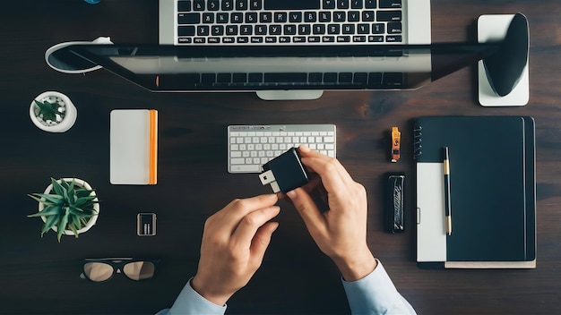 Photo une clé usb et une carte mémoire au-dessus de l'ordinateur sur le bureau