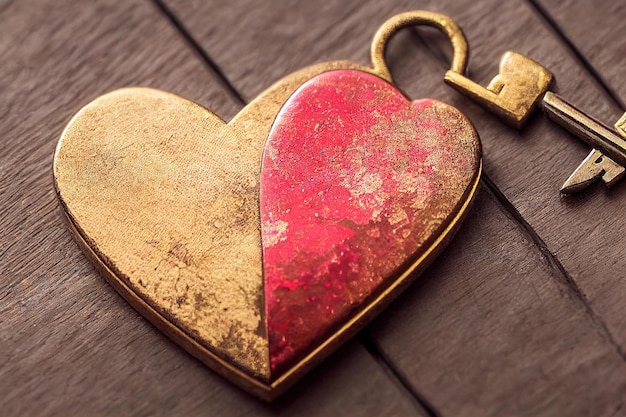 Clé vintage avec décoration en forme de coeur sur fond de bois