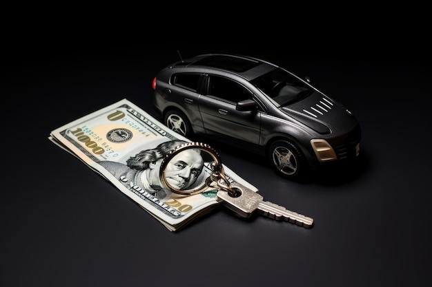 Clé de voiture et argent devant une voiture modèle sur fond sombre