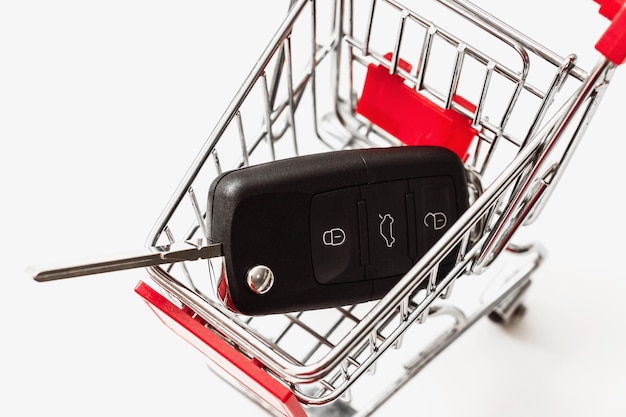 Clé de voiture noire à l'intérieur d'un petit panier sur fond blanc