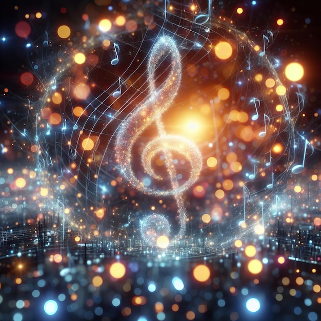 une clef aiguë lumineuse entourée de notes musicales et de lumières dynamiques symbolisant l'énergie de la musique