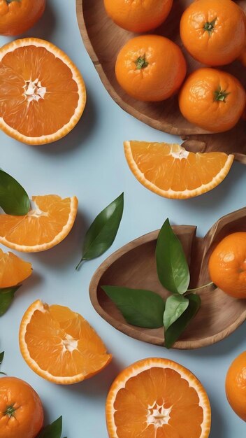 Clémentines fraîches coupées et mandarines entières sur une assiette ronde sur un fond coloré