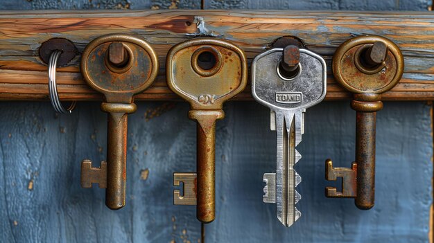 Photo des clés anciennes et rouillées accrochées à des crochets en bois sur un fond en bois bleu avec un k moderne