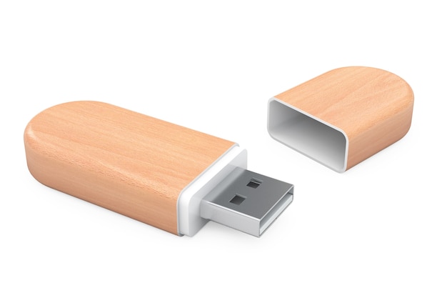 Clés USB en bois sur un fond blanc. Rendu 3D