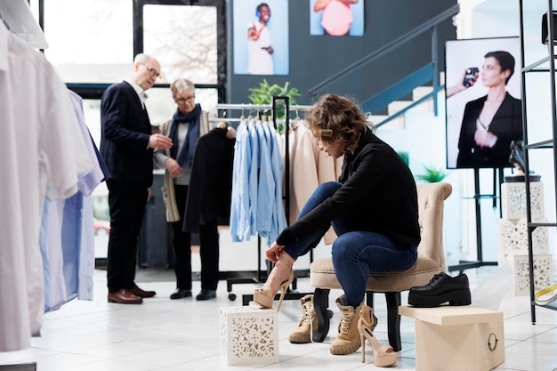 Client élégant assis sur une chaise essayant des chaussures élégantes, achetant des marchandises à la mode pour augmenter la garde-robe dans une boutique moderne. Femme à la mode achetant une collection de mode dans un magasin du centre commercial