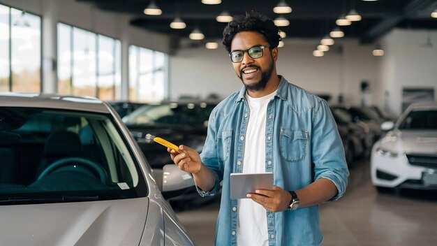 Un client heureux achète une voiture toute nouvelle chez un concessionnaire automobile local.