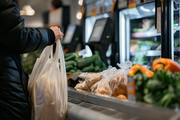 Un client portant des sacs en plastique remplis de produits frais dans un supermarché