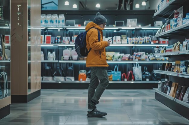 Un client qui se promène dans un magasin avec un smartphone