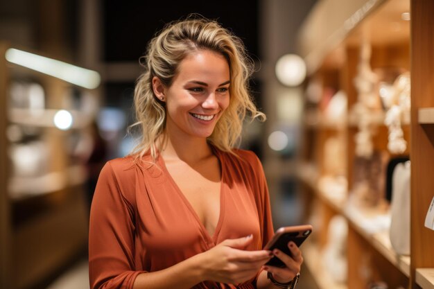 Un client satisfait tient un téléphone portable dans ses mains se réjouit de l'achat d'un jeune