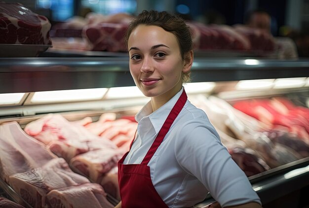 Photo une cliente à un comptoir de viande, debout devant du porc dans le style du softfocus