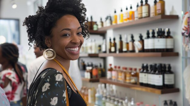 Une cliente sort du magasin exaltée avec son parfum personnalisé et excitée de le montrer à