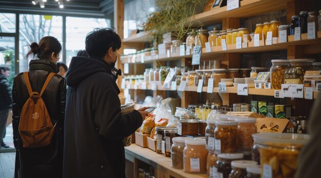 Clients achetant des produits secs et des produits en vrac dans des épiceries sans plastique