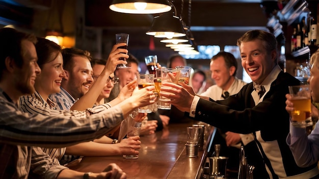 Les clients et le barman font un toast au comptoir du pub.