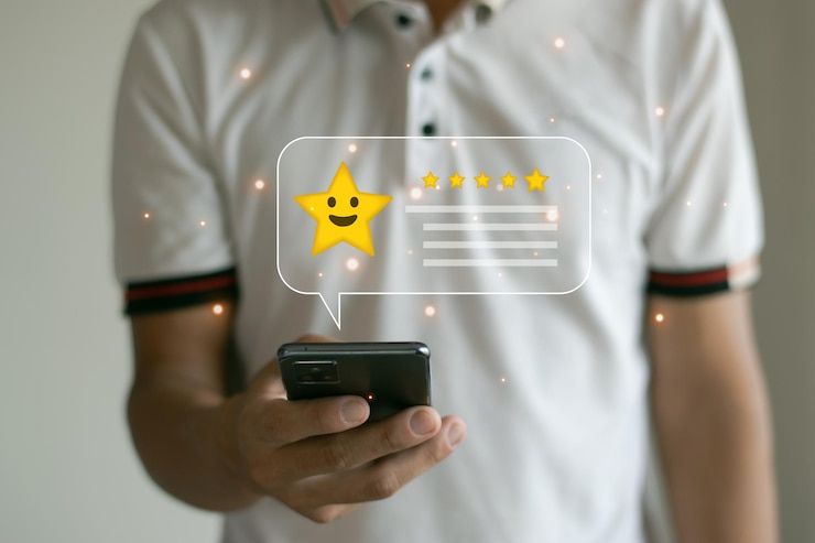 Photo les clients évaluent la satisfaction du service via l'application de premier ordre sur leurs smartphones