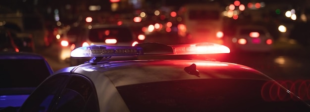 Clignotant rouge et bleu Voiture de police la nuit dans la ville