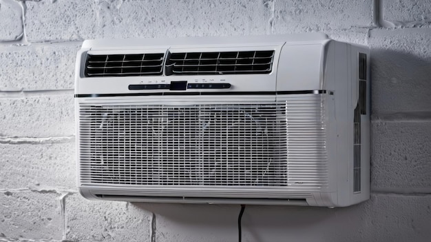 Un climatiseur blanc monté sur un mur de briques