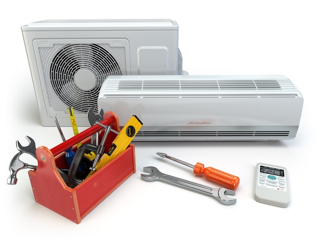 Climatiseur Avec Boîte à Outils Et Outils. Réparation Du Concept De Climatiseur. 3d