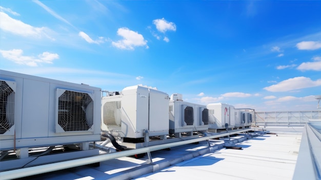 Des climatiseurs sur le toit du bâtiment dans le ciel bleu