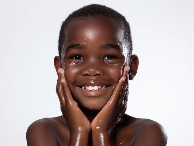 Clinique de beauté soin de la peau mignon petit garçon africain posant lavage du visage