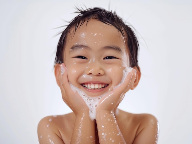Clinique de beauté soin de la peau mignon petit garçon asiatique posant lavage du visage