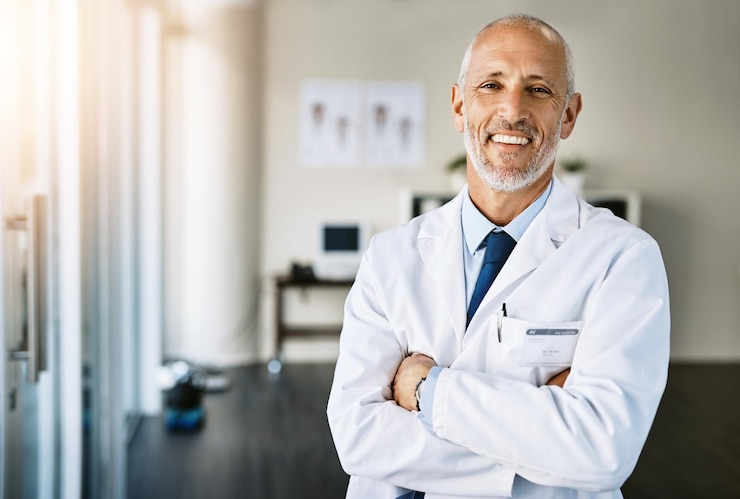 Photo clinique de médecin mature et portrait avec les bras croisés à l'hôpital se sentant fier du travail médical bien-être des soins de santé et employé professionnel avec bonheur du soutien de la santé et du travail de médecin