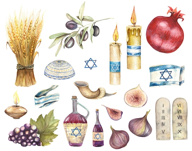 Photo clip art à l'aquarelle avec des illustrations de la religion juive éléments traditionnels juifs dessinés à la main m