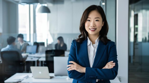 Clip moyen d'une femme d'affaires asiatique debout dans le bureau avec les bras croisés