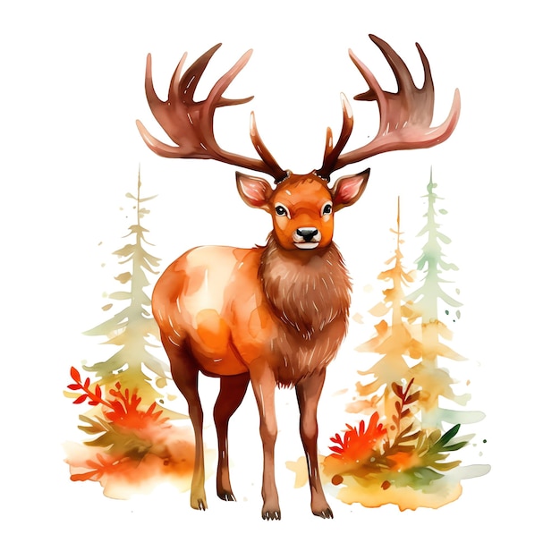 Clipart d'animaux de la forêt d'illustration de wapiti aquarelle mignon