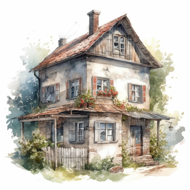 Clipart aquarelle de charme d'une vieille maison de village sur un fond blanc propre