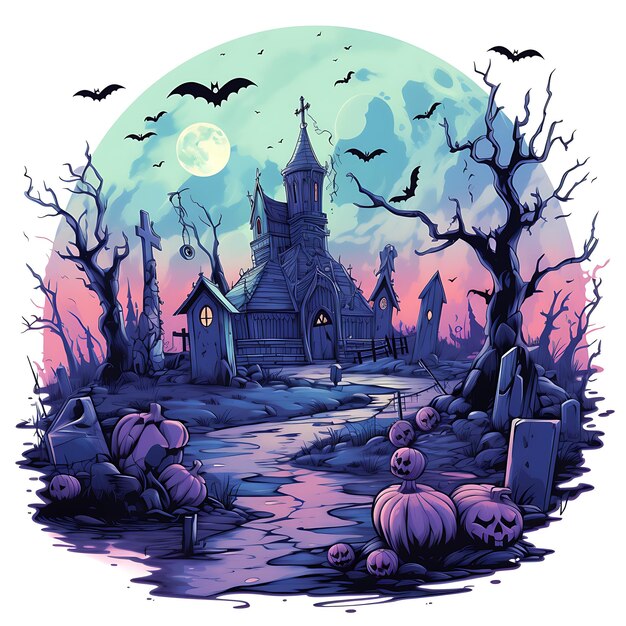 Clipart à l'aquarelle d'un cimetière effrayant d'Halloween