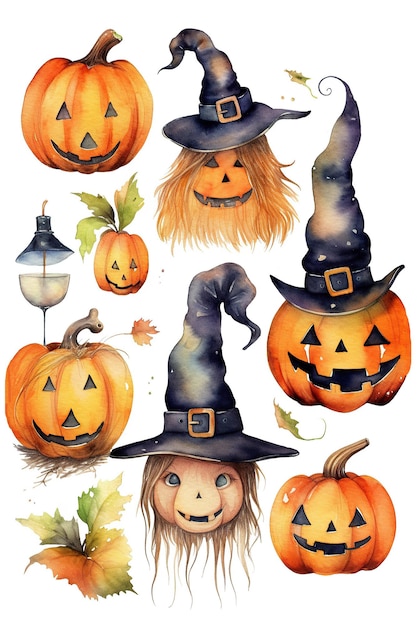 Clipart aquarelle de citrouille d'Halloween mignon isolé sur fond blanc avec IA générative