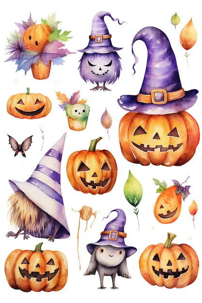 Clipart aquarelle de citrouille d'Halloween mignon isolé sur fond blanc avec IA générative