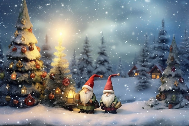 Clipart à l'aquarelle Gnomes de Noël près de l'arbre de Noël décoré