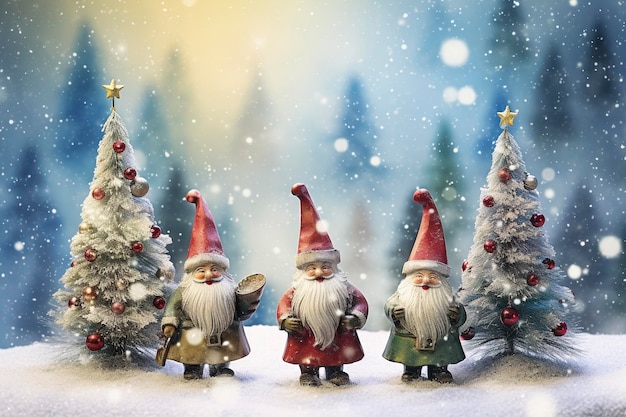 Clipart d'aquarelle Gnomes de Noël près de l'arbre de Noël décoré