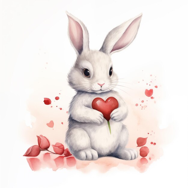 Photo clipart d'aquarelle de lapin lièvre avec des cœurs