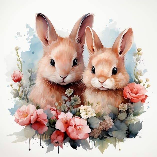 Clipart aquarelle de lapins floraux