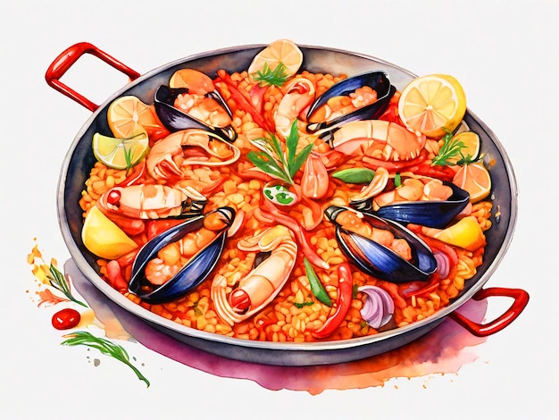 Photo clipart d'aquarelle de paella isolé sur un fond blanc