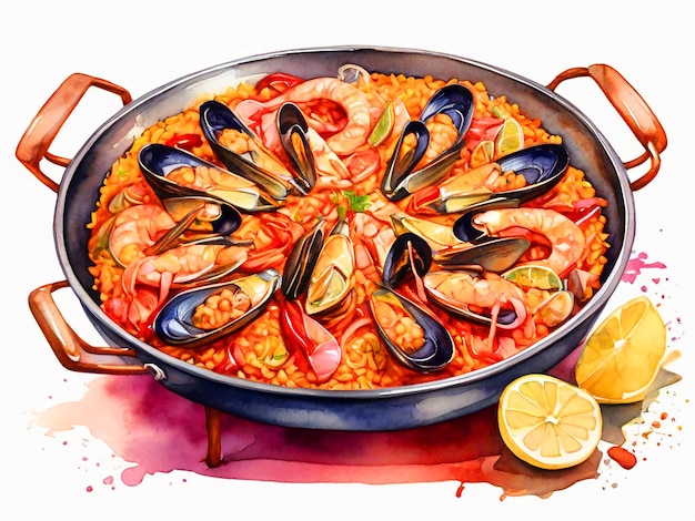 Clipart d'aquarelle de paella isolé sur un fond blanc