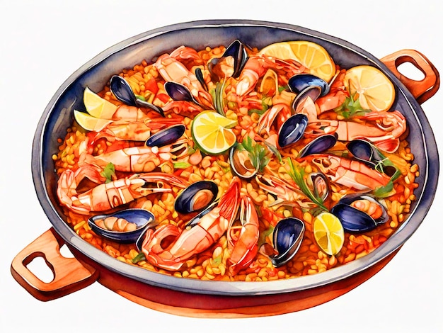 Clipart d'aquarelle de paella isolé sur un fond blanc