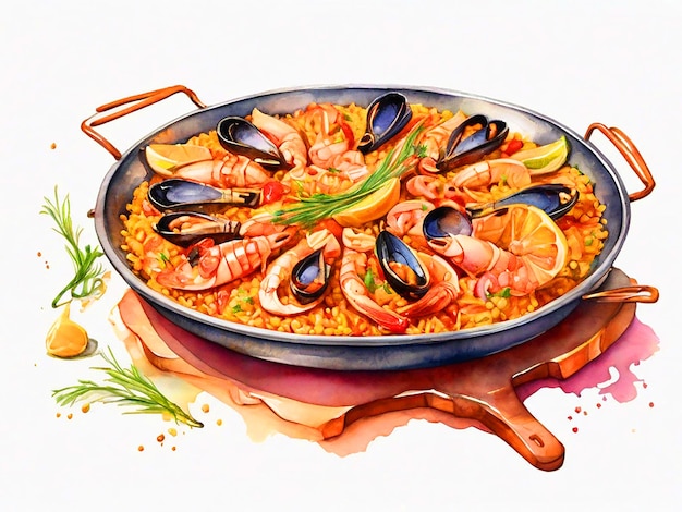 Clipart d'aquarelle de paella isolé sur un fond blanc