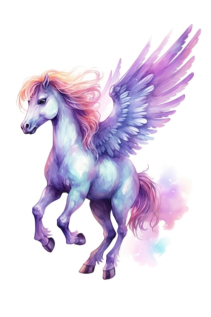 Clipart aquarelle Pegasus mignon isolé sur fond blanc avec la technologie IA générative